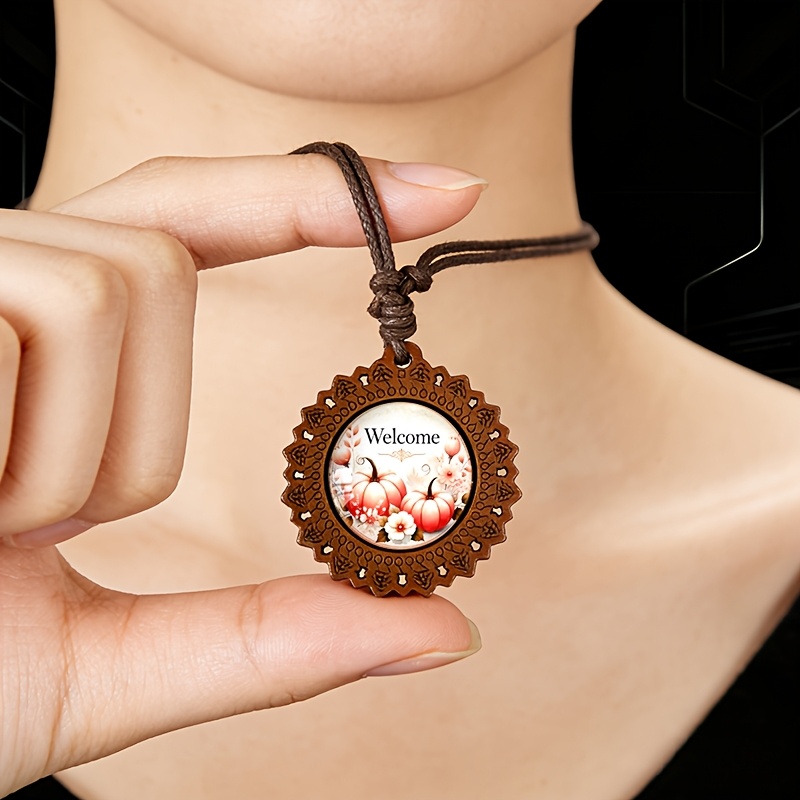 Warm Orange Pumpkin Flower Wooden Necklace, Retro Design
